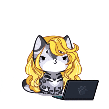 a cat with long blonde hair is sitting in front of a laptop computer