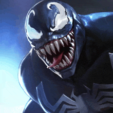 a close up of venom with his mouth open