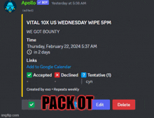 a screenshot of vital 10x us wednesday wipe 5pm we got bounty