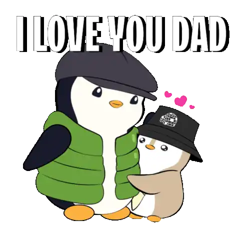 a penguin is hugging another penguin with the words i love you dad written above them