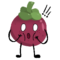 a cartoon drawing of a mangosteen with a surprised look on his face