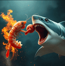 a shark is eating a shrimp with flames coming out of it 's mouth