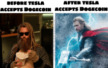 a picture of a man with a beard next to a picture of thor with a hammer