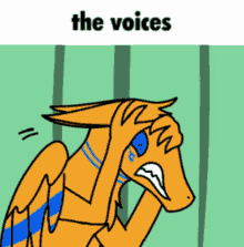 a cartoon of a dragon holding its head with the words the voices below it