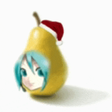 a pear with a girl 's face and a santa hat on it