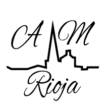 a black and white logo for cam rioja with a castle