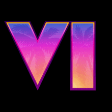 a purple and pink letter v with palm trees on it