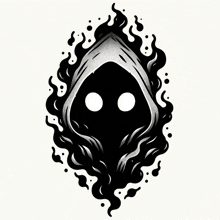 a black and white drawing of a ghost with a hood and flames around it