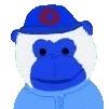 a blue and white monkey wearing a blue hat and a blue hoodie .