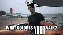 a man is standing in front of a car with the words what color is your valk