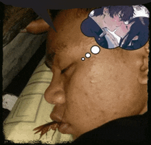 a man is sleeping with a cockroach in his mouth and a thought bubble of a man and woman kissing