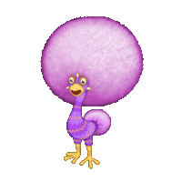 a cartoon bird with a purple afro and yellow feet