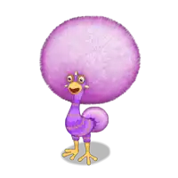 a cartoon bird with a purple afro and yellow feet