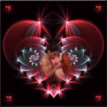 a man and a woman are kissing in front of a heart shaped background