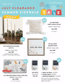 a flyer for mary and martha 's july clearance sale