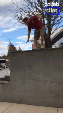 a man in a red shirt is doing a trick on a skateboard with a collab clips logo in the background