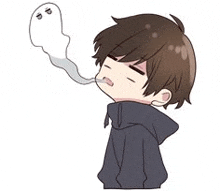 a boy is smoking a cigarette and a ghost is coming out of his mouth .