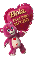 a pink teddy bear holding a red heart shaped balloon that says hola te quiero mucho