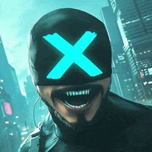 a man wearing a mask with a blue x on his eyes