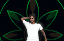 a man wearing sunglasses and a white shirt is standing in front of a marijuana leaf