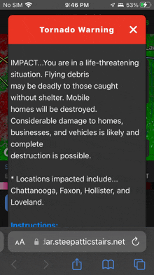 a screen shot of a tornado warning on a cell phone