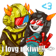 a pixel art of a robot and a girl with the words " i love u kiwi "