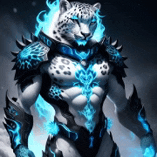 a leopard in armor with a blue light coming out of its chest .