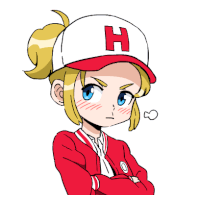 a cartoon girl wearing a red jacket and a white hat with the letter h on it