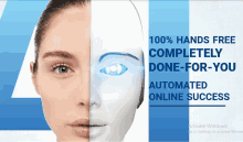 a picture of a woman 's face and a robot 's face with the words 100 % hands free completely done for you