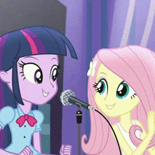 twilight sparkle and fluttershy from my little pony are talking into a microphone