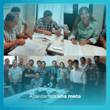 a group of people are gathered around a table with the words acordamos una meta on the bottom