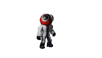 a cartoon character with a red head and a white suit is walking .