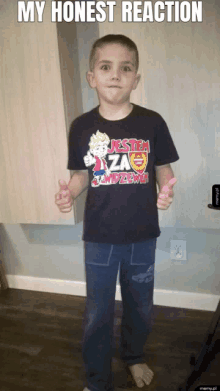 a young boy wearing a jestem za t-shirt gives two thumbs up