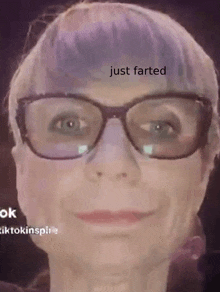 a close up of a woman wearing glasses with the words just farted above her