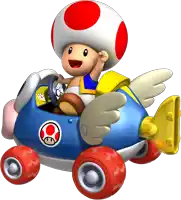 a cartoon toad is driving a blue car with wings