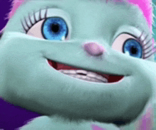 a close up of a cartoon character 's face with blue eyes .