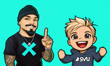 a man wearing a black shirt with an x on it and a boy wearing a blue hoodie with the letters svu on it