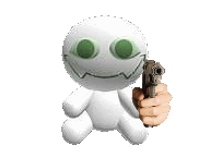 a white stuffed animal with green eyes is holding a gun in its hand .