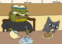 a frog and a cat are sitting at a table with tea and cookies