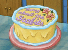 a yellow cake with the words sorry about the scabies written on it