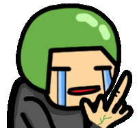 a cartoon character wearing a green helmet is crying and making a peace sign