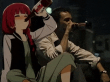 a man is drinking a bottle of sprite while a girl drinks from a bottle