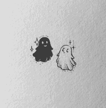 a black and white drawing of two ghosts with the words crisp ink written below them