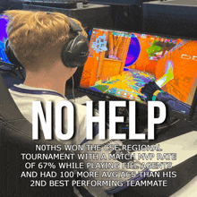 a man wearing headphones playing a video game with the words " no help " below him