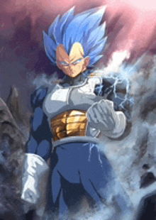 a painting of vegeta from dragon ball z with blue hair and a lightning bolt in his hand .