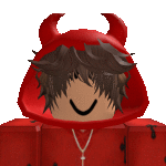 a person wearing a red hoodie with horns on their head and a cross around their neck .