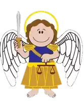 a cartoon angel is holding a sword and a scale