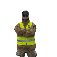 a man with his arms crossed wears a yellow vest with a suzuki logo on it