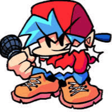 a cartoon boy is holding a microphone and wearing a hat .