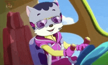 a cartoon cat wearing sunglasses is sitting in the driver 's seat of a car .